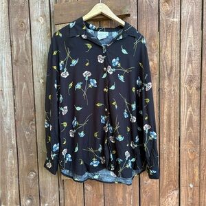 Vintage Black whimsy Botanical Floral Print Button Down Blouse